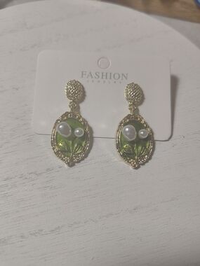 Green Enamel Pearl Floral Drop Earrings
